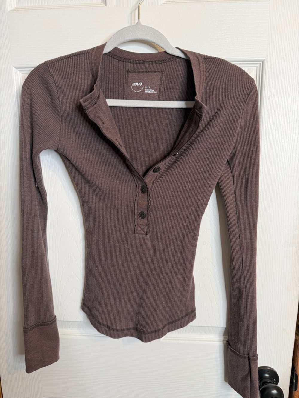 aerie Ribbed Henley Long Sleeve Top in Brown